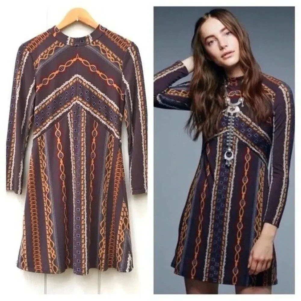 (M) Free People High Neck Long Sleeve Dress  Fall Colors Sz S
